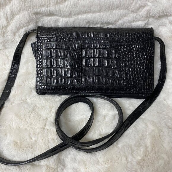 Brighton Vtg Clutch Embossed Organizer/Clutch Black Leather Cross Body Bag - Picture 7 of 11